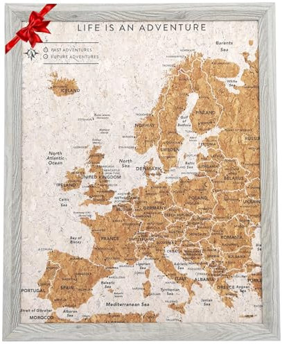 Splosh Reisekarte – Europakarte in Grau mit Holzrahmen. Pinnwand aus Kork inkl 100 Pins in 2 Farben zum Markieren von Reisen. Perfektes Vatertagsgeschenk für Weltenbummler und Reiseliebhaber