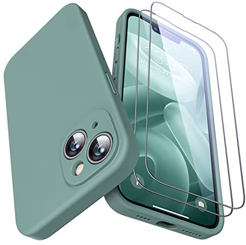 GOODVISH [3 in 1 Cover iPhone 14 Plus in Silicone 6,7'' (2022), con 2 Pezzi di Pellicola Protettiva, Custodia per Cellulare Ultra Sottile Antiurto Resistente [Protezione Fotocamera], Verde Pino
