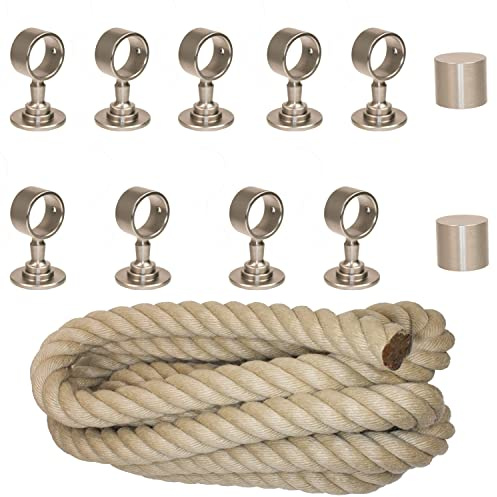 Handlaufseil-Set Ø 30 mm – 9 m Polyhanf-Seil „Nature Touch“ naturfarben mit 2 Endkappen & 9 Seilträgern, vernickelt | Treppe & Geländer