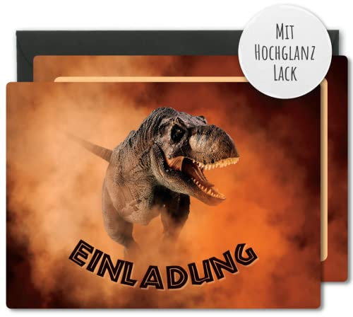 12x EINLADUNGSKARTEN + passende Umschläge für Jungen Kindergeburtstag und Feier – coole Karten für Dinosaurier Fans – Diese Karten sind die perfekte Einladung zur nächsten Party, Orange, Schwarz