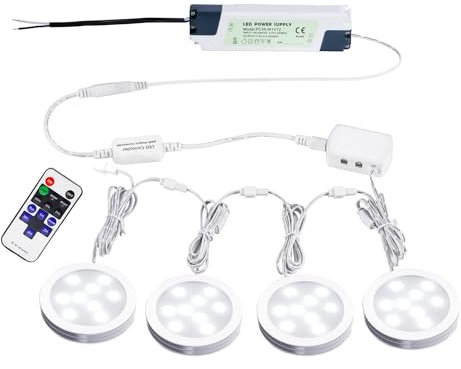 AIBOO Dimmbare Unterbauleuchte, Ultradünn 230v Mit Fernbedienung, Dauerhaft, Schrankbeleuchtung Mit Fester Verkabelung für Küche (4-Pack, Tagesweiß)