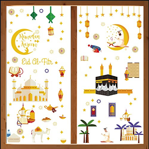 196 Stück Ramadan Fensteraufkleber, Eid Mubarak Fensterbild Set, Ramadan Dekorationen für Zuhause, Stern Laterne Aufkleber, Muslimische Fenstersticker Fensterdeko Selbstklebend Sticker (A)