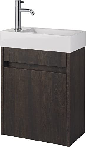 Saqu Florence Gäste WC Waschbecken mit Unterschrank Vormontiert - in Schlossbraun mit Mineralmarmorwaschbecken auf der linken Seite - Kleines Gäste WC Bad Möbel mit Waschtisch