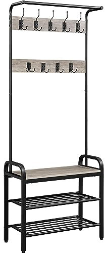 Yaheetech Coat Rack, Coat Stands with Shoe Storage Bench, Shoe and Coat Rack for Hallway/Entryway/Living Room, Industrial Entryway Furniture, Grey