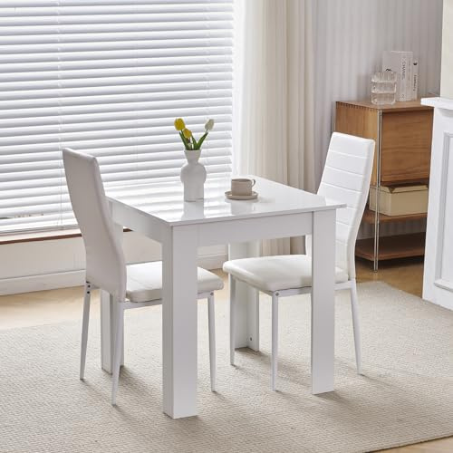 NICEME Compact Dining Set With 2 Chairs for Small Kitchen, Space Saving Table With Glossing Tabletop 75x75 cm (White, 2 Seats, PU White #1)