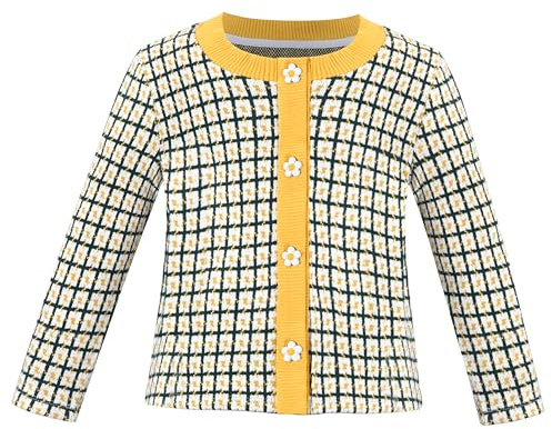Sunny Fashion Mädchen Strickjacke Taste Oben Pullover Langarm Warm Beiläufig Stricken Jacke Gelb Gr. 98-104,Gelbes Plaid,98-104