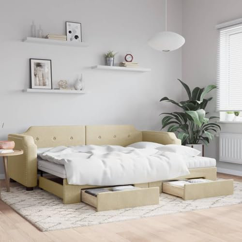 DJEKA Tagesbett Ausziehbar 90x200 cm mit Schubladen Jugendbett 90x200 cm Bett Mit Ausziehbett Creme-29 Tagesbett 90x200 Ausziehbar Tagesbett aus Holz Tagesbettgestell Sofabett Schlafsofa Stoff