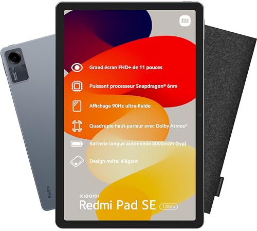 Xiaomi Tablette Pad SE 128 + Etui Feutrine, Chargeur Rapide Inclus, écran 11, Batterie 8000 mAh, Caméra arrière de 8MP, Gris Graphite