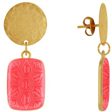 LES POULETTES BIJOUX - Mattem Messing Nagel Ohrringe Gebürsteten Scheibe und Rechteck Harz Blume - Neon Pink