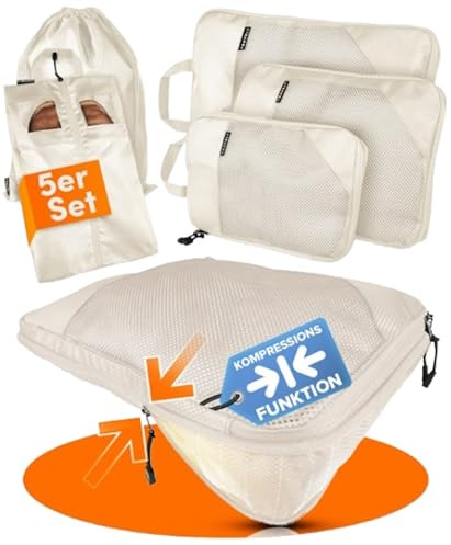 TRAVELY Packing Cubes Compression - 5-teiliges Set inkl. Schuhtasche & Wäschebeutel - Packwürfel Kompression als Koffer oder Rucksack Organizer - Packtaschen für Reise, Packbeutel, Kompressionsbeutel