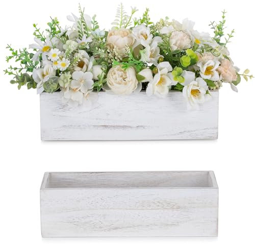 NUPTIO Blumentopf Blumenvase Vintage Holz: 2 Stück 30cm Rechteckig Vase Pflanzentopf für Hochzeitsdeko Partei Tischdeko - Weiß Holzbox Blumenkübel Landhausstil Weihnachtsdekorationen