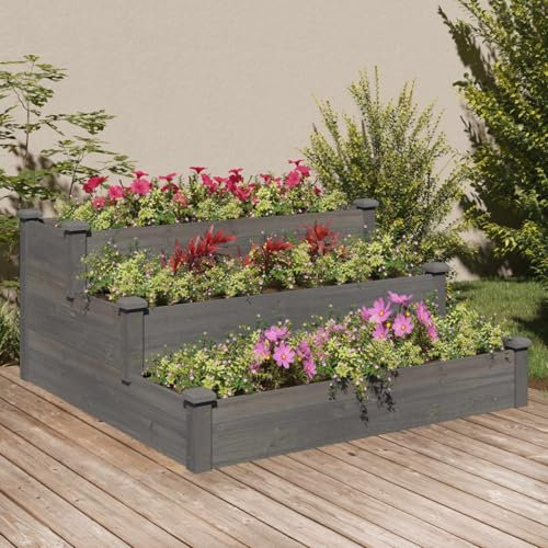 JUDYY Hochbeet Grau 120x120x56 cm Massivholz Tanne, Palettenrahmen, Hochteich, Gemüsebeet, Kräuterregal Balkon, Blumenbeet, Kräuterspirale, Tomatenbeet, Pflanzhochbeet