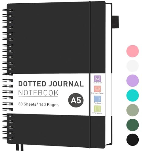 RETTACY Notizbuch A5 Gepunktetes, Bullet Dot Journal, Leichtgewicht Collegeblock, 80 Blatt / 160 Seiten Zum Schreiben, 100gsm, PVC Rinbuch, für Frauen Männer Arbeit Büro, 14.8 x 21cm - Schwarz