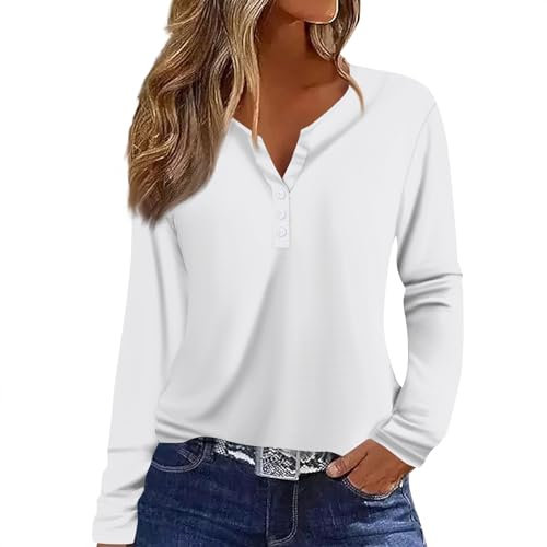 2024 Longsleeve Blusenshirt Mit Knopfleiste V-Ausschnitt Blusen & Tuniken Damen Farbverlauf Ausgefallene Shirt Frauen Boho Tops Elegant Oberteile Casual Longshirt Langarmshirts (2-White,3XL)