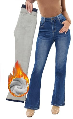 Fakanhui Damen Jeans, Gefüttert, Thermo, Flanell, Warm, Denim, Blau, L