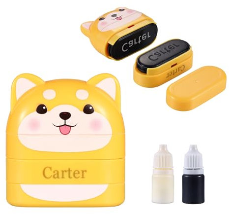 Jeweidea Namensstempel Kinder Textil Personalisierter Doppelstempel mit Schwarzer und Weißer Tinte Textilstempel Waschmaschinenfest Stempel Kleidung Kindergarten Deine Dinge Stempel (Gelb-Tinte)