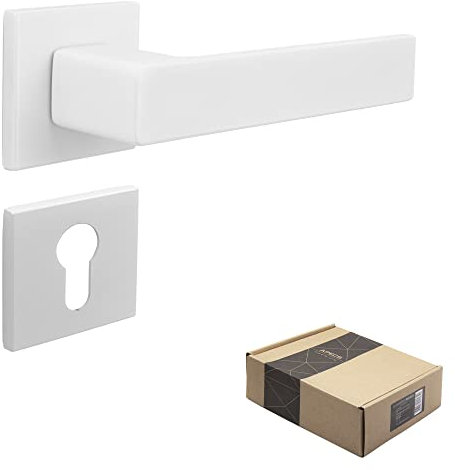 APECS Tirador de puerta interior moderno para puerta de casa con rosetas cuadradas, manija de puerta blanca mate, juego de manillas con material de fijación, herrajes para puerta modelo Reglus PZ –