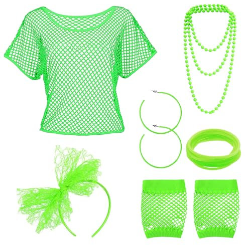 TYXHXTF 80er 90er Jahre Outfit Damen, Netzshirt, Netzhandschuhe, Stirnband, Halskette, Armband, Ohrring, Retro Accessoires Kostüm Set, für Karneval Party