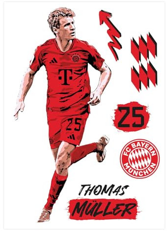 K&L Wall Art FC Bayern München Wandsticker FCB Fußballspieler Logo Fußball Rekordspieler Wandtattoo - Offizielles Lizenzprodukt (Comic, Thomas Müller) 68x100 cm
