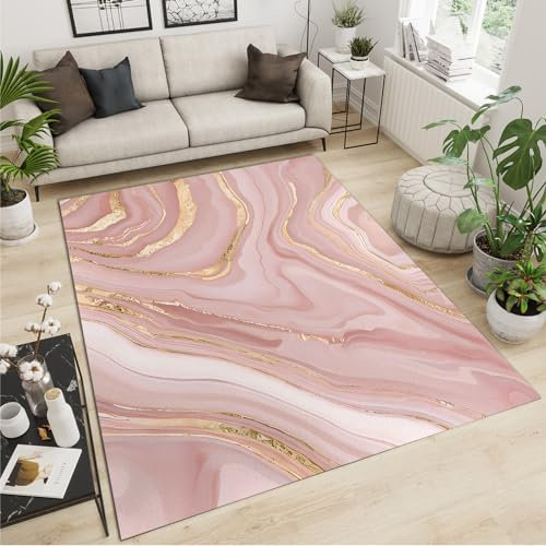 Tapis rose 120 x 170 cm pour enfants, tapis de luxe en marbre rose, élégant tapis en poudre dorée fluide, tapis doux lavable en machine pour adolescents, garçons, filles, chambre d'enfants, antidérap