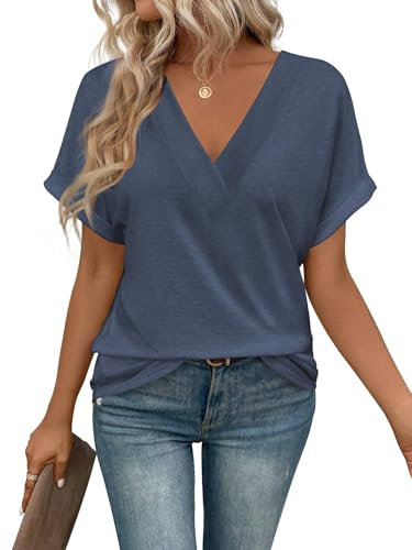 Cuptacc Camisetas Manga Corta Mujer Cuello en Pico Blusas de Mujer Elegantes Casual Suelta T-Shirt Azul Marino, Medium M 38-40