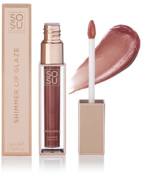 SOSU Cosmetics Shimmer Lip Glaze Rose Gold - Labbra a lunga durata con brillantini, formula idratante con vitamina E e acido ialuronico, oro rosa per labbra radianti