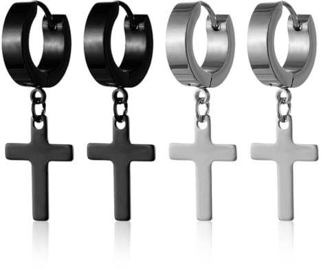 EIROVYA Schmuck Unisex Creolen, Edelstahl Klassisches Kreuz Ohrringe Ohrstecker Ohrhänger Ohr-Piercing für Herren Damen, 4 Stück