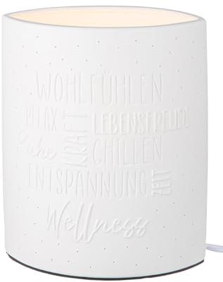 GILDE Tischleuchte Wellness aus Porzellan weiß mit Spruch, Höhe 20,5 cm Deko Wohnzimmer Schlafzimmer Büro Dekoration Beleuchtung Lampe Licht