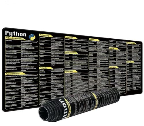 Tapis de souris Python Commands Raccourcis, tapis de souris Python, grande feuille de triche étendue, tapis de souris pour PC, tableur, clavier, tapis de souris antidérapant, bord cousu, noir