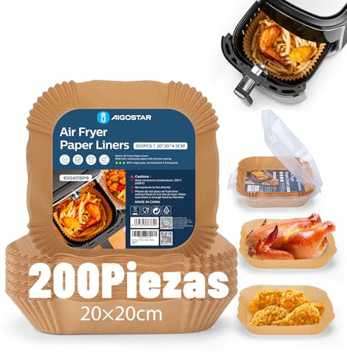 Papel para Freidora de Aire Cuadrado 200 Piezas, 20-24CM Air Fryer Cuadrado Papel de horno,Desechable Antiadherente, para 5-8L Freidora de Aire y Microondas,BPA Free Aigostar
