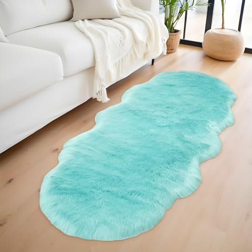 AIMECO kunstfell teppich Faux Lammfell Schaffell Teppich Flauschiger Haarig Wohnzimmer Deko Weicher Fell Carpet für Stühle Sofa Schlafzimmer Kinderzimmer. Hellblau 60 x 90 cm