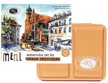 Generisch Aquarius Mini Urban Sketcher Aquarellset, 8 Farben, halbe Näpfchen, Schachtel, Aprikose