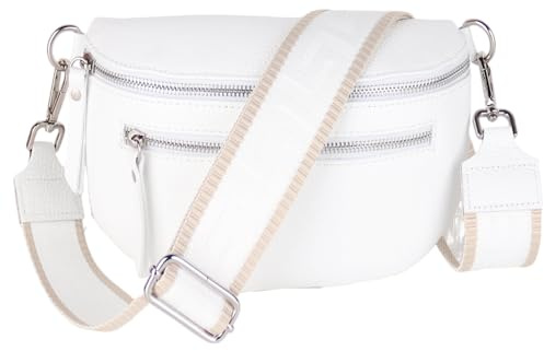 MIRROSI® Damen Bauchtasche Umhängetasche 27x14,5x8cm Damen, Made in Italy, aus Echtleder Tasche Echtes Leder, Brusttasche, Crossbody Bag,Bohemian Style (1 Tasche 2 Gurte) (Weiß (Uni Beige))
