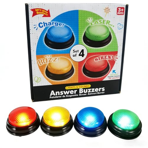 Gatuida 4 Stück Buzzer mit Sound und Licht Trivia Quiz Game Show Tasten 9.00x9.00x4.00 cm Kunststoff für Klassenzimmer Party Spieleabend Familie Hochzeit Büro Lustige Spielknopf Requisite