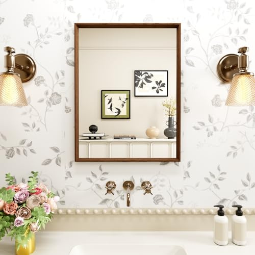 WEER Miroir Salle de Bain 30 x 40 cm, Cadre Polymère Miroir Mural Rectangulaire à Effet Bois, Décor Vintage Marron Étanche pour Salle de Bain, Chambre, Salon, Suspendre Horizontale ou Verticale