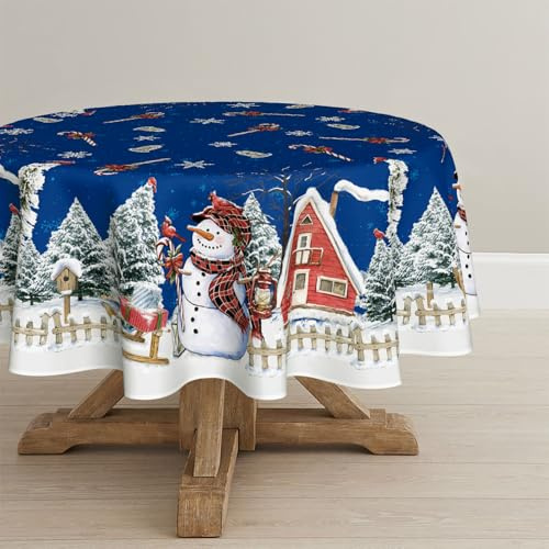 Artoid Mode Blau Haus Schnee Bäume Zaun Schneemann Weihnachten Tischdecke Rund 120 cm, Winter Fleckschutz Tischwäsche Küche Dekoration Party Dekor