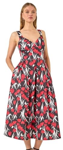 Roman Originals Sweet Heart Floral Print Stretch Dress for Women UK - Ladies Everyday Holiday Spring Summer Comfy Soft Evening Vacation Work Party - Red - Size 18