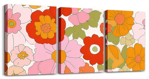 Homemissing Retro Hippie Blume 3er Poster Set für Wohnzimmer Schlafzimmer 60S 70S Groovy Wandbilder für Heimdekor Vintage Bürodekorationen Leinwandbilder Pflanze Floral
