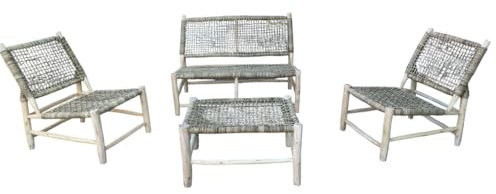 ARTIGIANATO VULCANO Set Salotto Marocchino in Legno di Eucalipto e Corda di Palma, Divano 120x83x84cm, 2 Poltrone 83x62x84cm, Tavolino 80x58x43cm, Design Naturale per Esterni