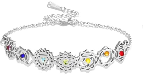 VASSAGO Chakra Armband für Frauen Edelstahl Armband mit 7 Chakra Anhängern für Yoga Reiki und Heilung Verstellbares Schmuckstück mit heiliger Geometrie für Frauen Freundinnen und Schwestern