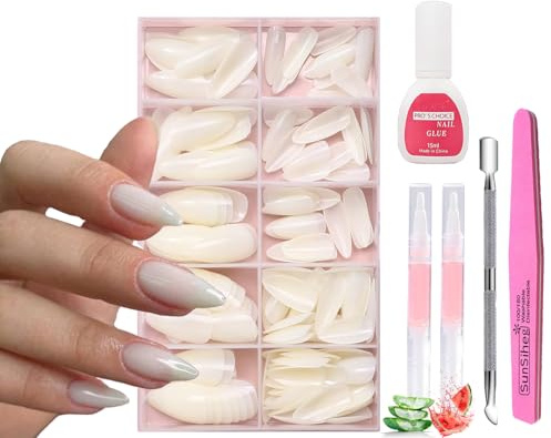 120 Stück Elfenbeinweiße Mandel Künstliche Nägel Set, Zum Aufdrücken, Mittlere Länge | 12 Größen Falsche Nägel Set mit Nagelkleber, Feile, Nagelhautschieber & 2 Nagelseren, Langanhaltendes