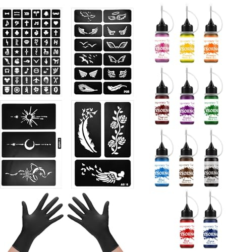 Henna Tattoo Set, 11 Farben Tinte Inklusive 72 Schablonen Mit Handschuhe Und Zubehör für Frauen, Männer, Malerei Partygeschenke, DIY-Kunst, Temporäre Tattoo für DIY Temporäre Tattoos Kreative Designs