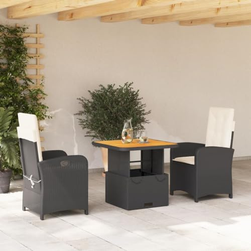 LoogCape 3-TLG. Garten-Essgruppe Schwarz Poly Rattan, Verstellbare Relaxsessel & Höhenverstellbarer Tisch, UV-beständig, mit Cremeweißen Kissen für Terrasse, Balkon, Garten