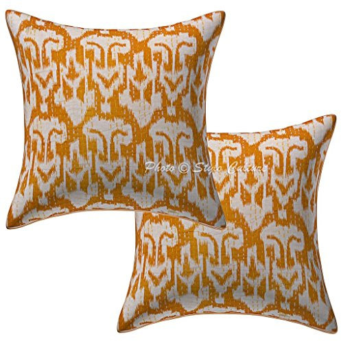 Stylo Culture Gelbe Indisch Baumwolle Kissenbezug 40 x 40 Gedruckt Kantha Ikat Traditionelle Kissenbezüge Set von 2