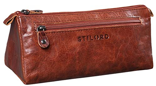 STILORD 'Alexis' Vintage Leder Etui Stiftemappe mit 2 Fächern und Reißverschluss Federtasche Federmäppchen Schlampermäppchen Echtes Leder, Farbe:Brandy - braun