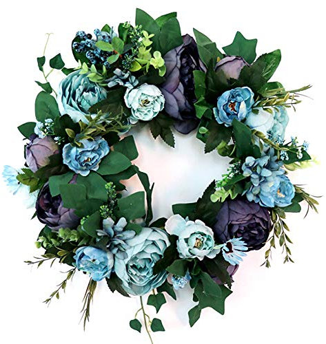 Türkranz, künstliche Blumenkranz, dekorative Blumenkranz für Haustür, Party, Hochzeit, Weihnachtsdekoration, A6 38 cm, Retro Blau, 38cm/15inch