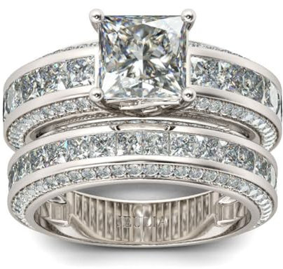 Jeulia Damen Sterling Silber Ringe Set Prinzess-Schliff 4-Prong Diamant Ringe Set Schmuck für Braut Hochzeit Band Verlobungsring Trauring Ehering (Sterling Silber, 61 (19.4))