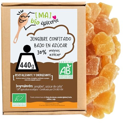 MA bio-épicerie - Zenzero Candito Bio Ridotto Zucchero -30% in Cubetti 440 g - Zenzero Disidratato Sfuso Senza Conservanti - Alternativa Più Leggera