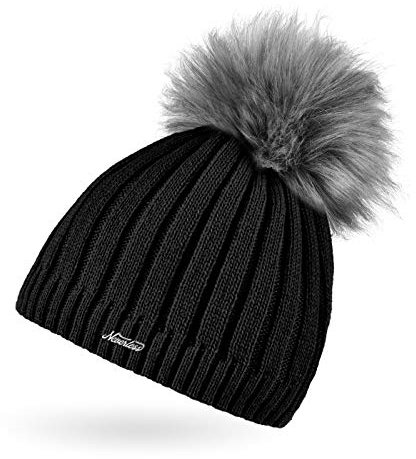 Neverless® Damen Strick-Mütze gefüttert Fell-Bommel Kunstfell Bommelmütze Fleece-Innenfutter schwarz