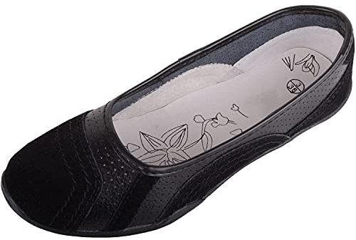 Womens Genuine Leather Slip On Casual Ballerina Style Pump Dolly Shoes - Black - UK 7 / EU 40